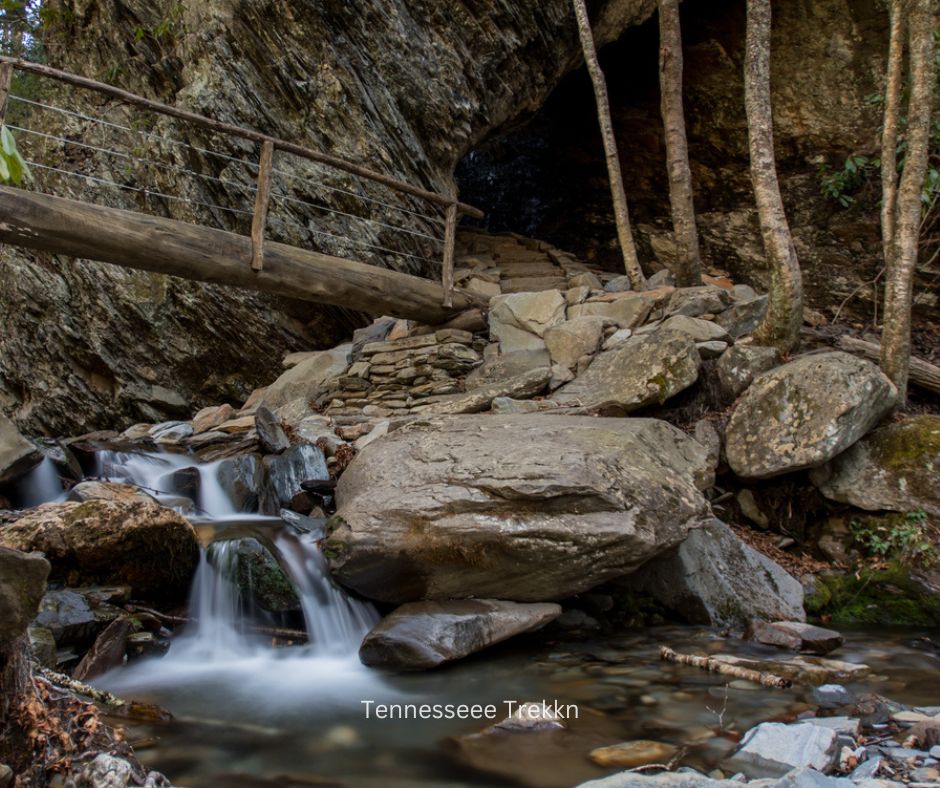 Footbridge over a stream at Arch Rock on the trail to Alum Cave in the Smoky Mountains during winter