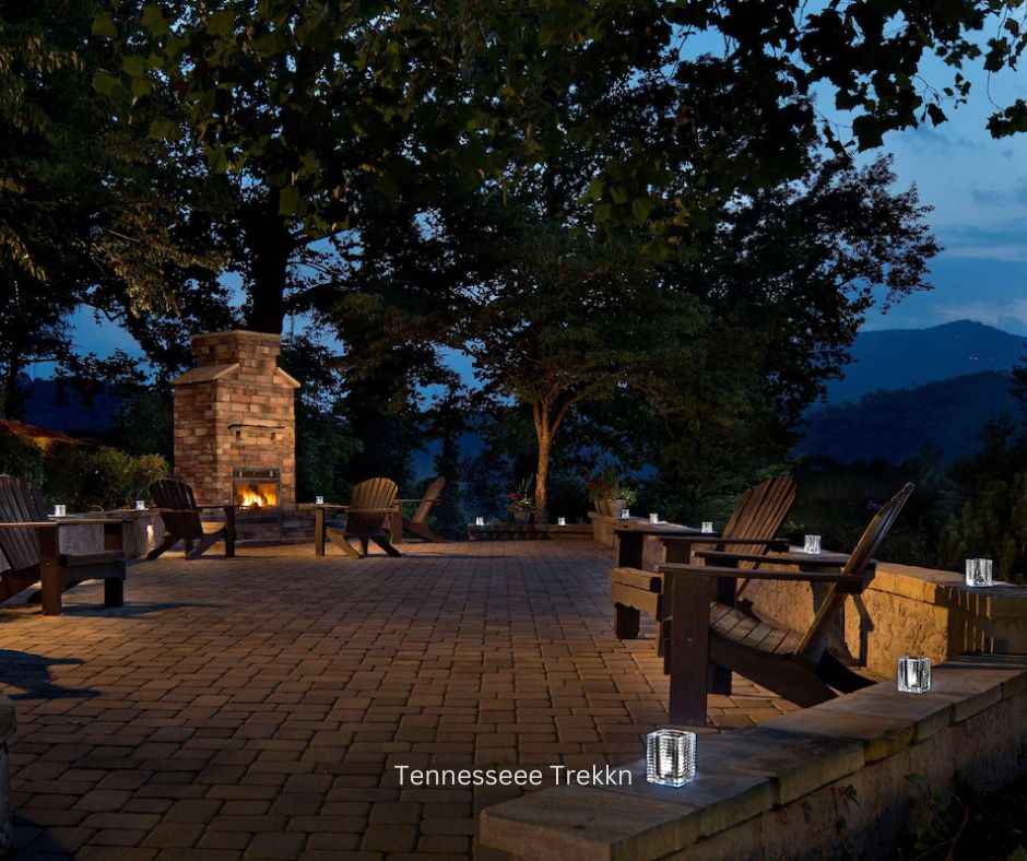 Outdoor fireplace area with mountain views at The Park Vista in Gatlinburg