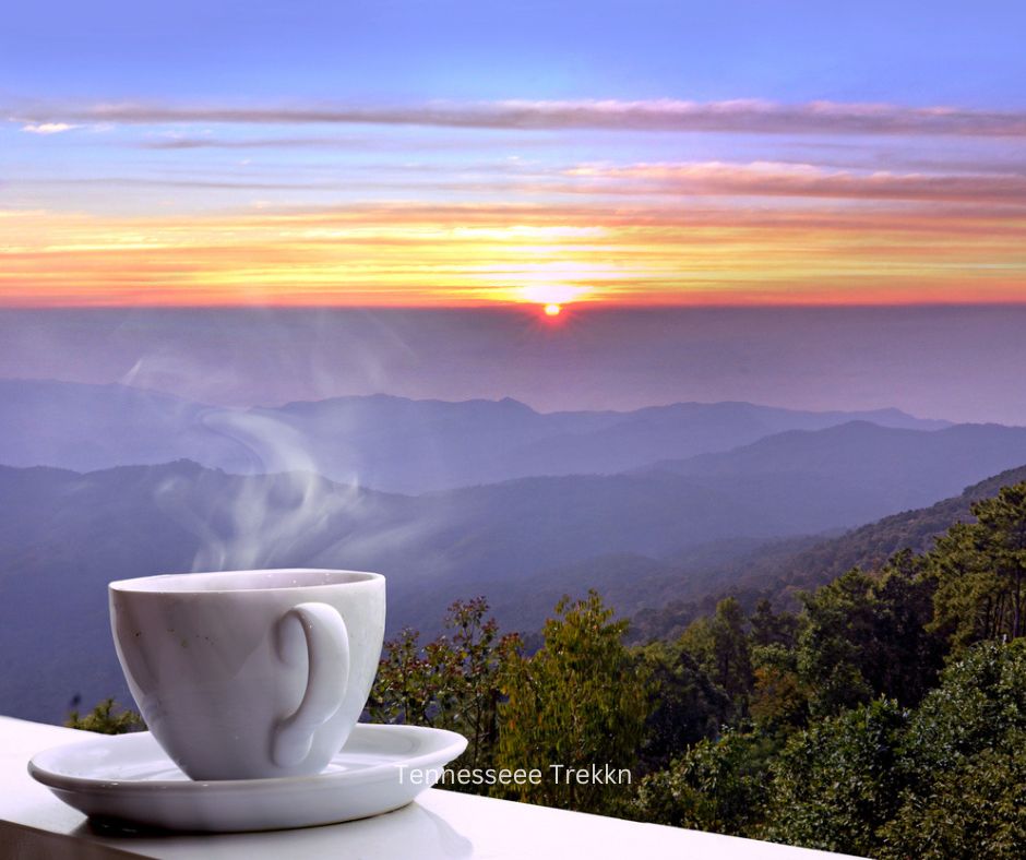 Mountain sunrise with a cup of coffee, perfect for Valentine’s Day in Gatlinburg.