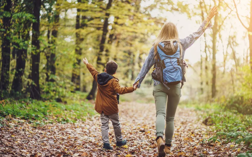 Kid Friendly Hike in the Smoky Mountains.  Image of mom and son hiking