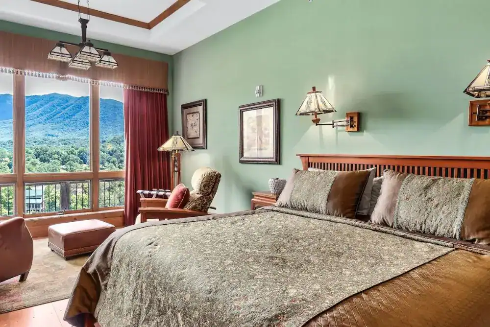 Smoky mountain views from window in room at Laurel Valley Mountain Retreat. 
