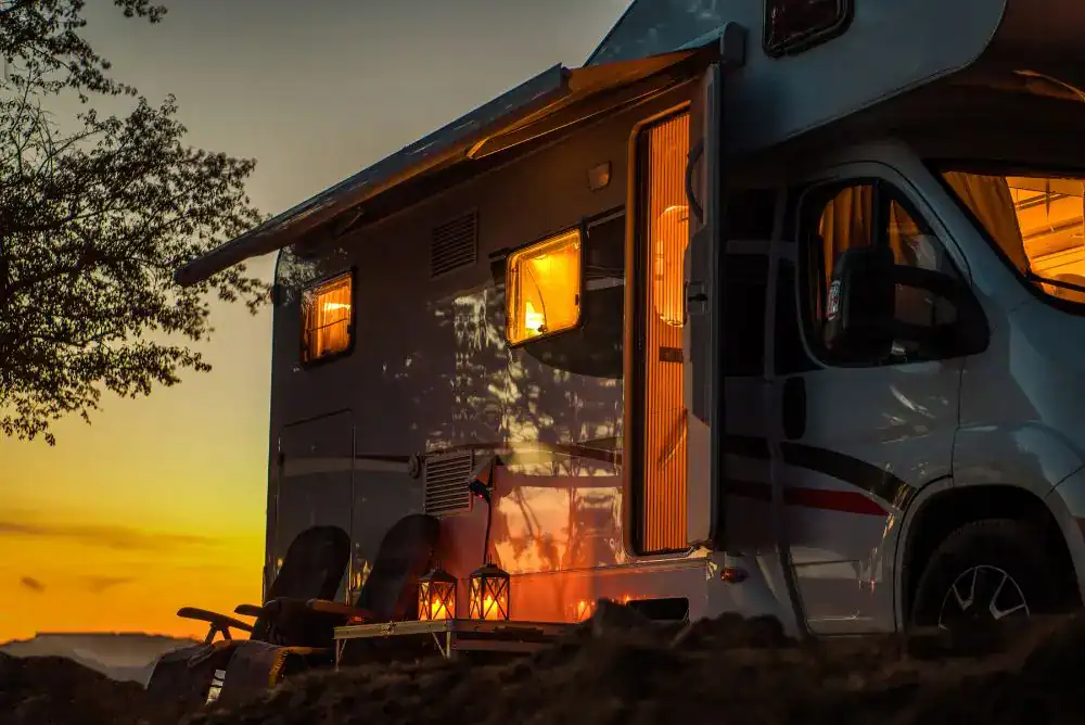 RV lit up at night at one of Tennessee's Smoky Mountain Campgrounds. 
