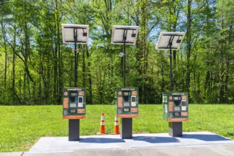 Smoky Mountains parking pass kiosk at Cades Cove Loop entrance for purchasing parking passes.