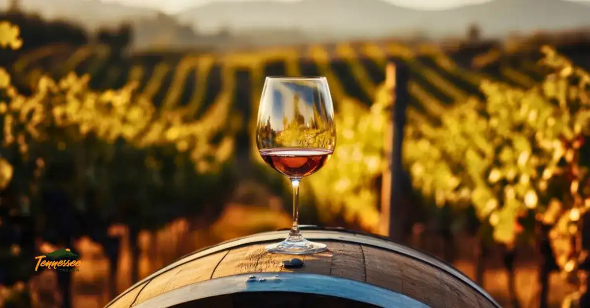 Tennessee winery vineyard scenery with a glass of wine on a barrel in East Tennessee