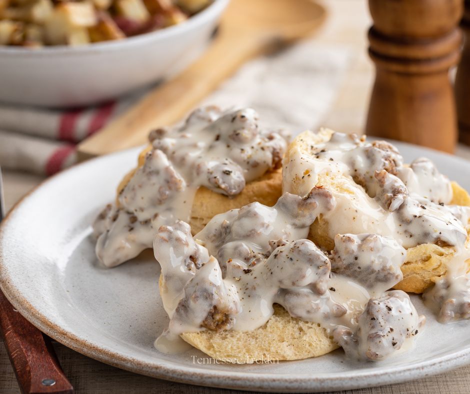 Start your day right with biscuits and gravy from Apple Valley Cafe—comfort food at its best! Great places to eat in Townsend.