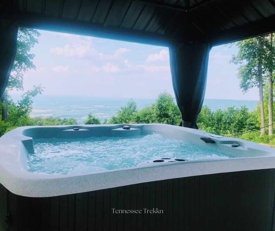 Relax in the hot tub while soaking in the breathtaking scenery of the Cumberland Plateau. Book your stay HERE.