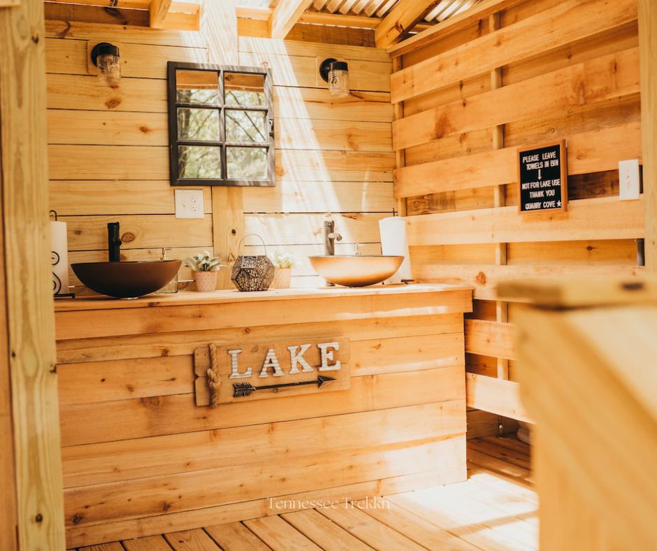 Freshen up in the nearby bathhouse after a day of adventure, adding extra comfort to your stay. Tennessee Glamping;  Book your stay HERE!