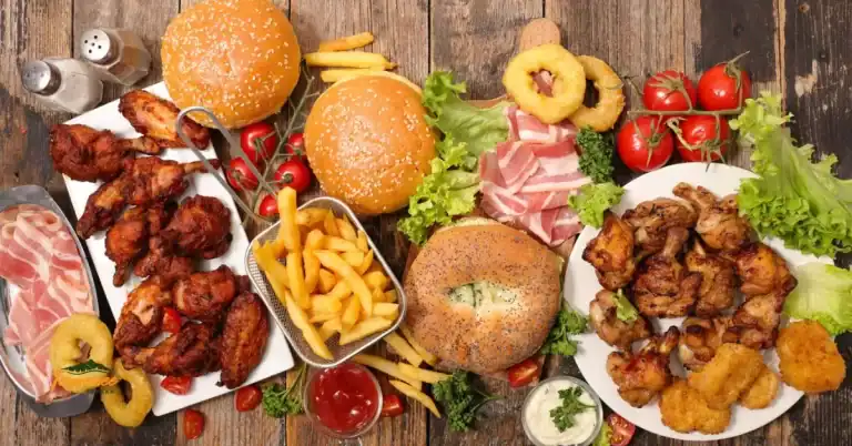 Assorted food including burgers, wings, pizza, and onion rings – best places to eat in Townsend, TN