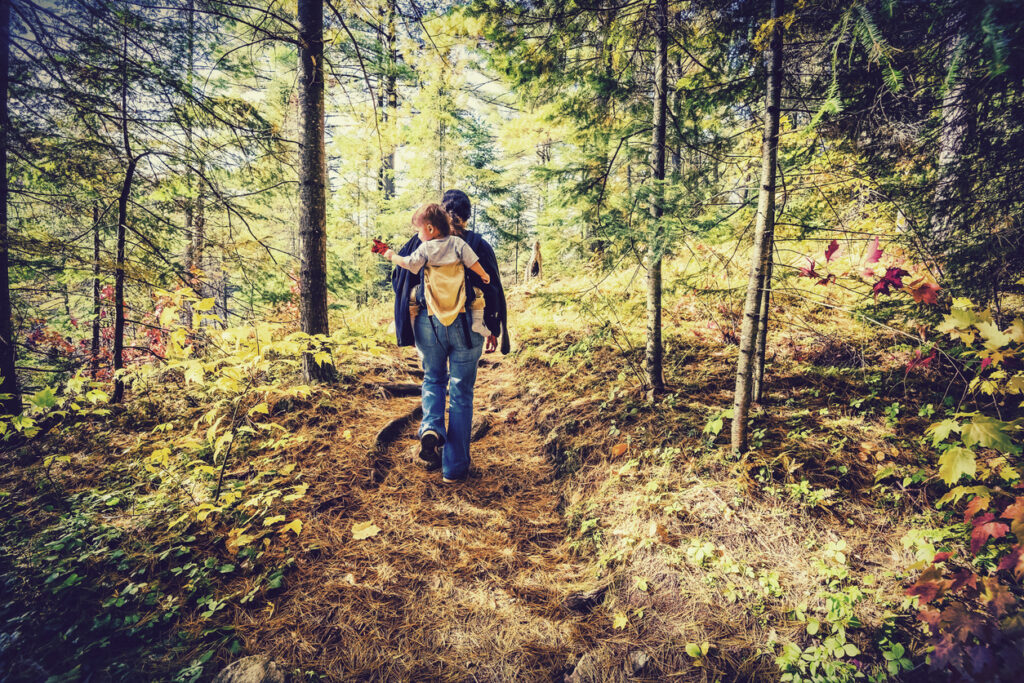 hiking with kids; parent with baby in backpack on trail