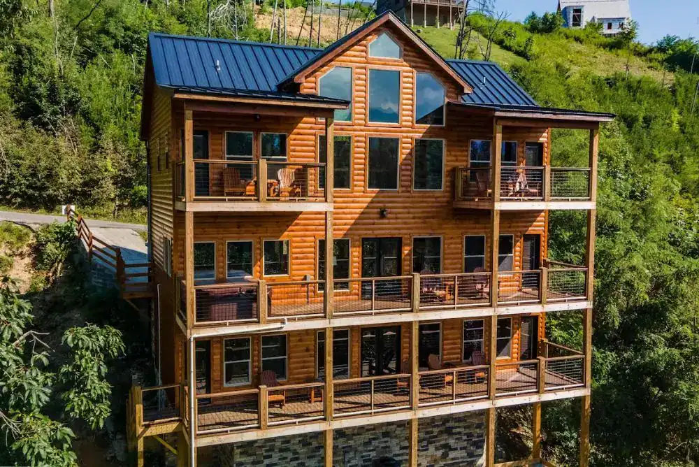 Large group cabin in Gatlinburg TN with three levels of covered decks and mountain views