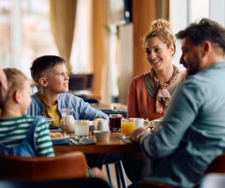 Family having breakfast.  Avoid Crowds and eat early.