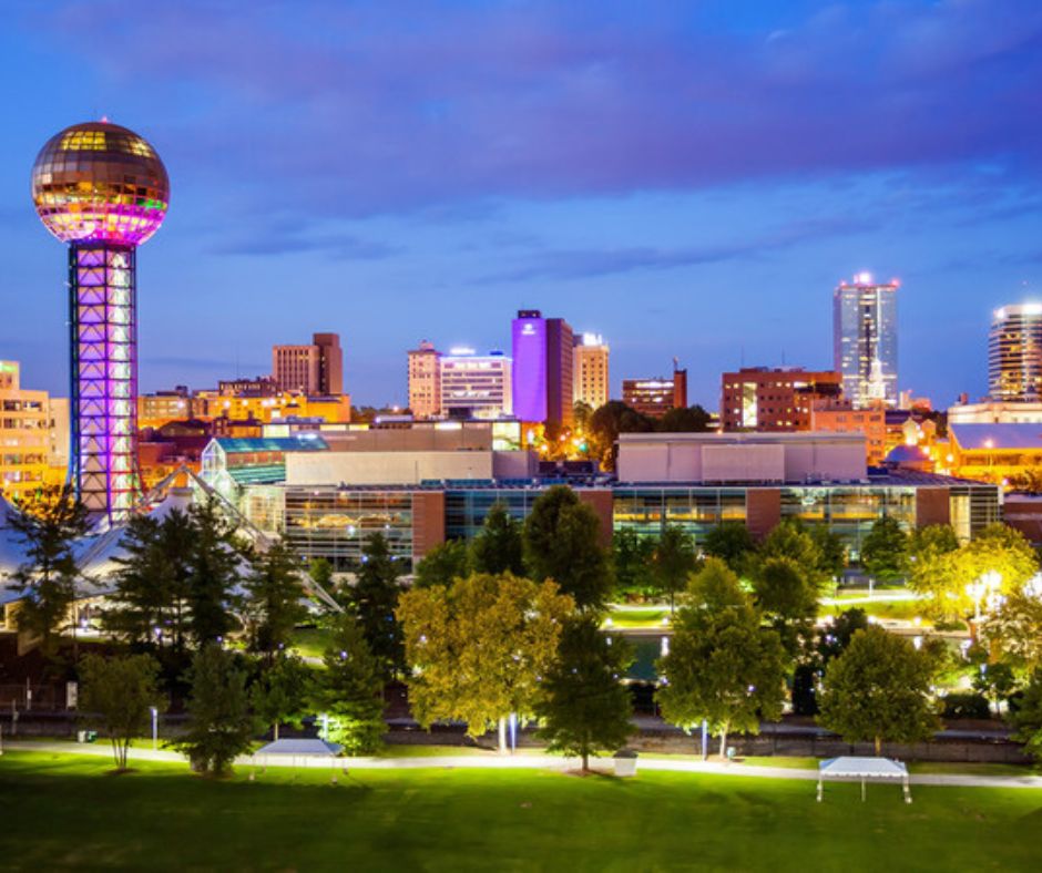 View of downtown Knoxville with Sunsphere.  View of the city of Knoxville for 3 day history itenerary.