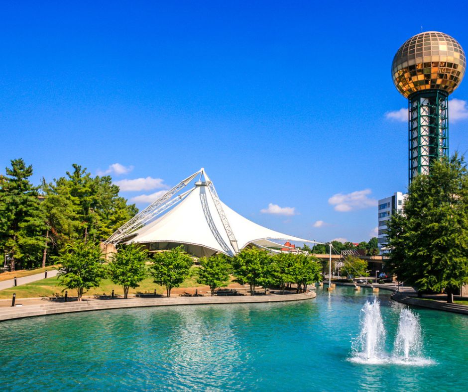 1992 Worlds Fair Park area with water and Sunsphere. Knoxville 3 day history itenerary stop. 