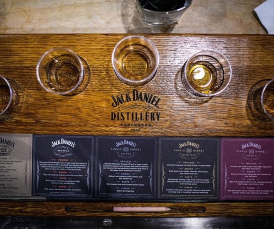 Flight of tasting glasses at Jack Daniel's Whiskey Tour 