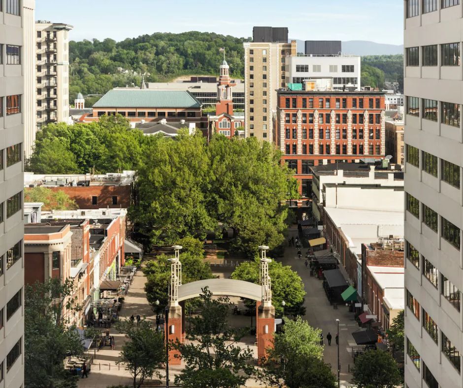 Top floor views of downtown Knoxville at Crown Plaza, Downtown hotel in Knoxville