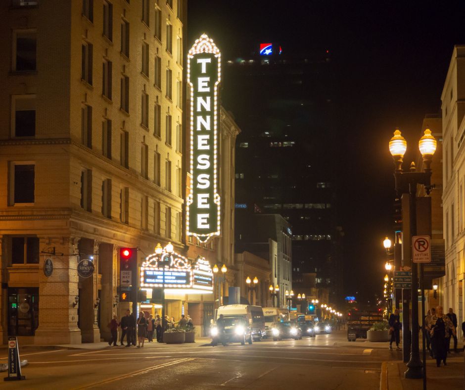 Tennessee Theatre at night on Gay Street in Downtown Knoxville