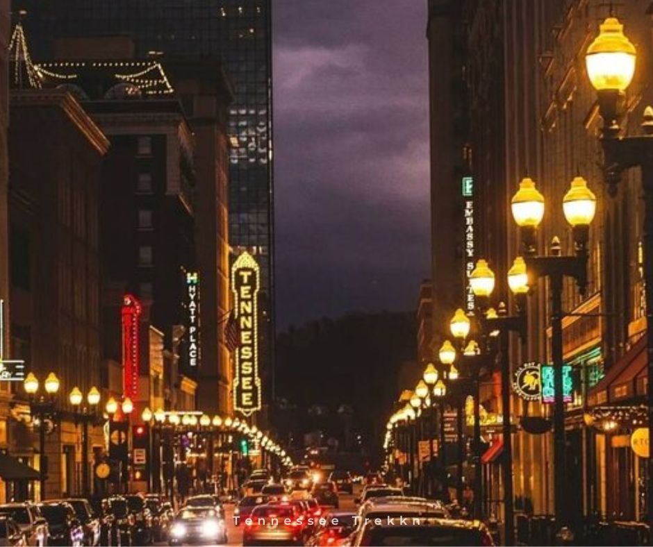 Downtown Knoxville at night; Tennessee theatre sign lit up; things to do in Knoxville