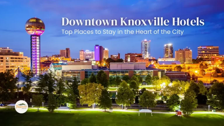 Skyline view of downtown Knoxville after sunset, showcasing the heart of the city and nearby downtown Knoxville hotels