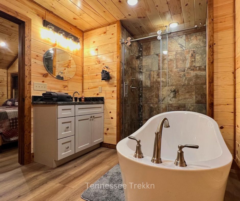 Elegant luxury bathroom at Mountain Oasis cabin with high-end finishes.