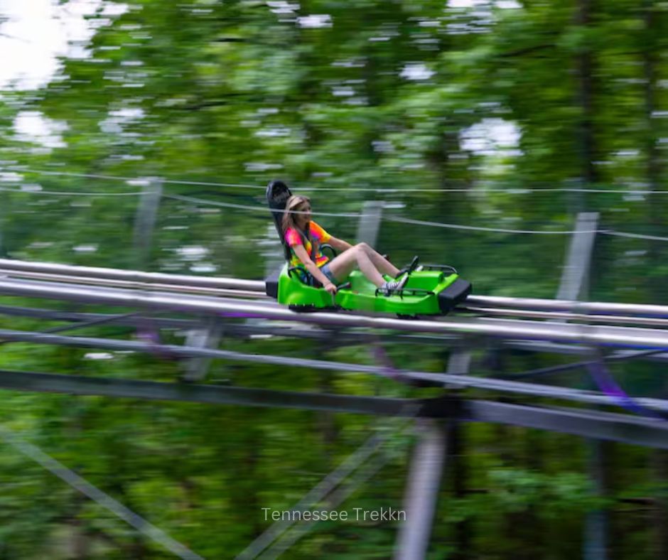 Person riding the Moonshine Mountain Coaster in Gatlinburg.