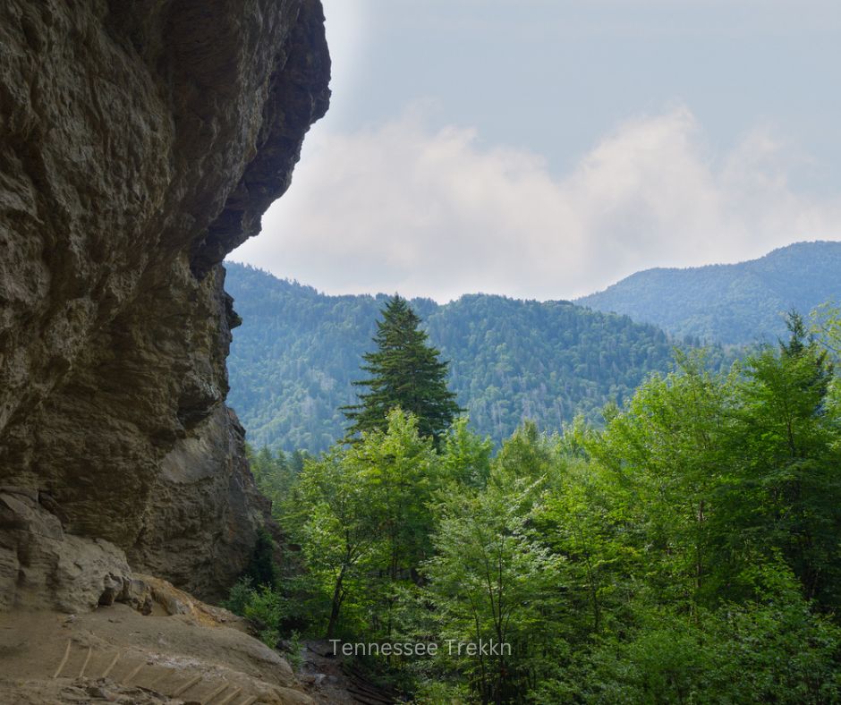 Hiking trail at Alum Cave Bluff in the Great Smoky Mountailns National Park, showcasing the bluff.