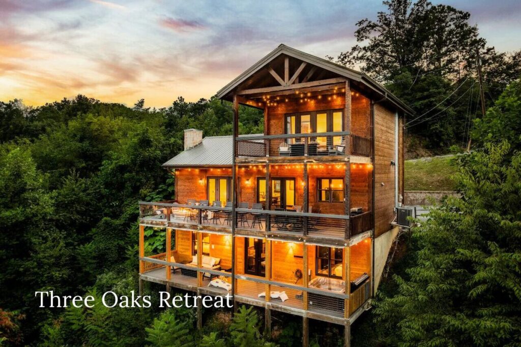 Beautiful exterior view of Three Oaks Retreat, an upscale mountain cabin in Chalet Village Gatlinburg.