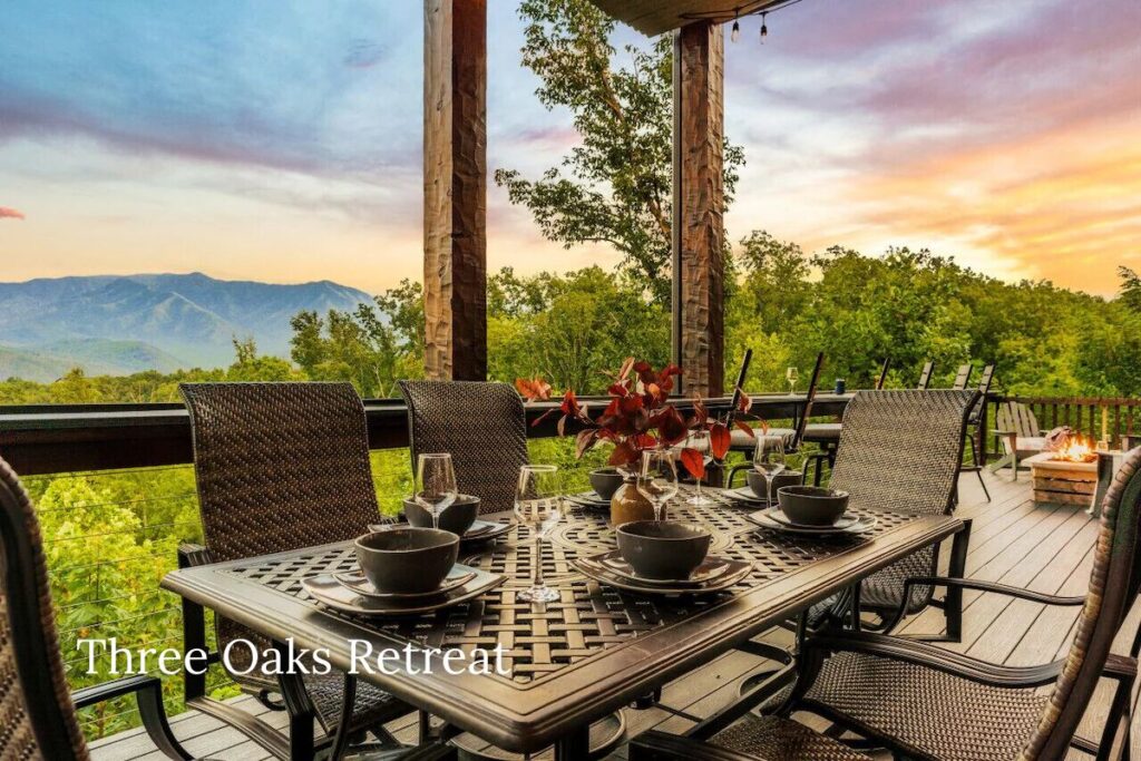 Outdoor seating area with mountain views at Three Oaks Retreat, a luxury cabin in Chalet Village Gatlinburg.