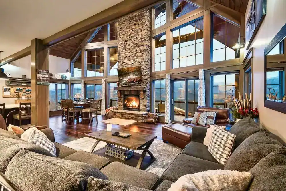 Beautiful livingroom area in a Chalet Village Luxurious cabin rental in Gatlinburg Tennessee. 