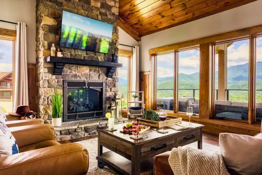 Beautiful living room with Smoky Mountain views. 