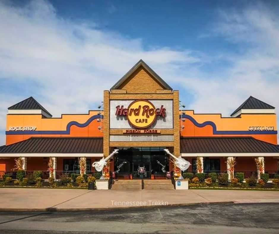 Exterior of Hard Rock Cafe in Pigeon Forge with its iconic guitar sign.