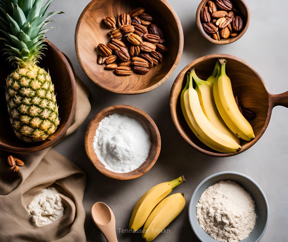 Mixing bowls with ingredients for Hummingbird Cake, including pineapple, bananas, and pecans, representing its Southern and Jamaican roots.