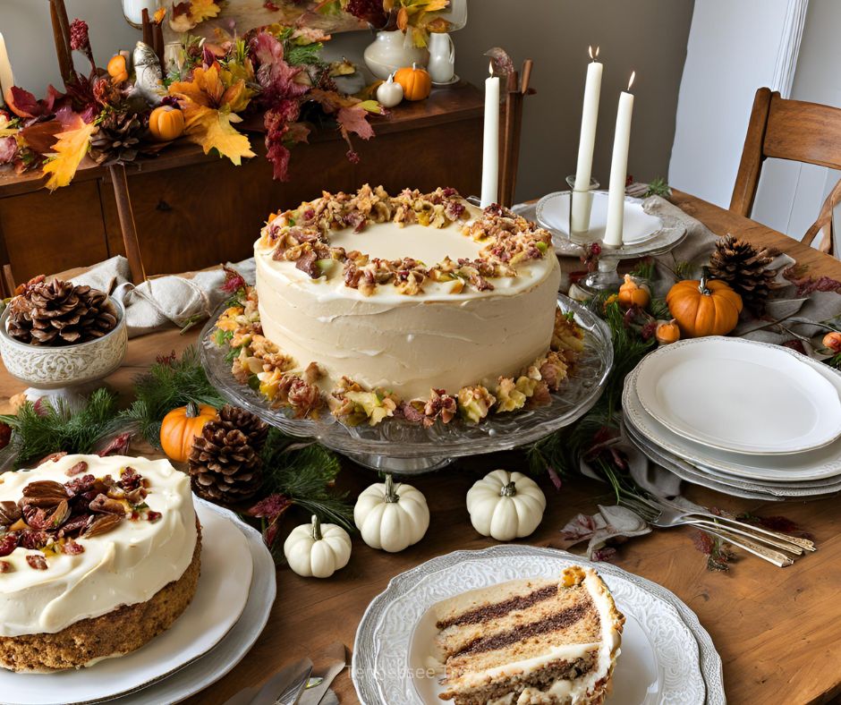 A holiday table setting featuring a beautifully frosted Hummingbird Cake as the centerpiece.