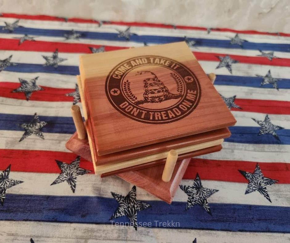 A handmade wooden coaster by Mark’s Beautiful Creations, customizable and perfect for any home or as a thoughtful gift.