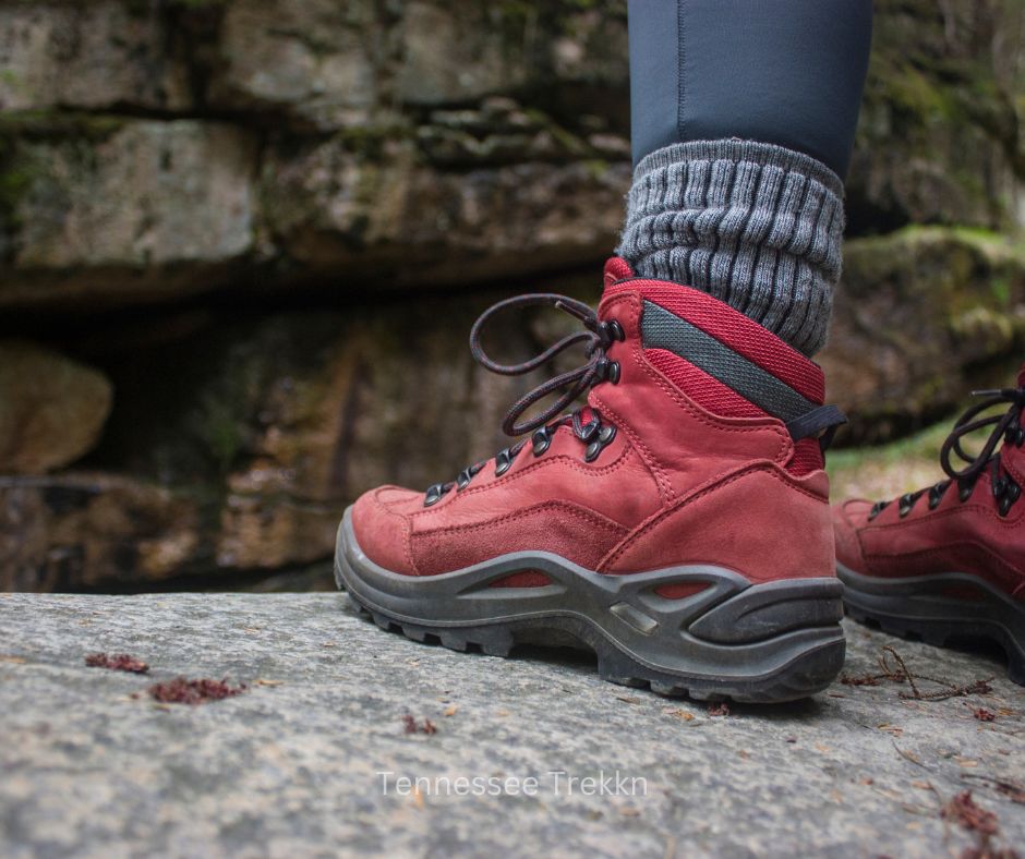 Sturdy red hiking boots.