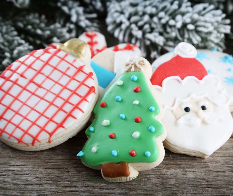 Tree-shaped and Santa-shaped, decorated with icing and sprinkles, perfect for a fun holiday tradition.