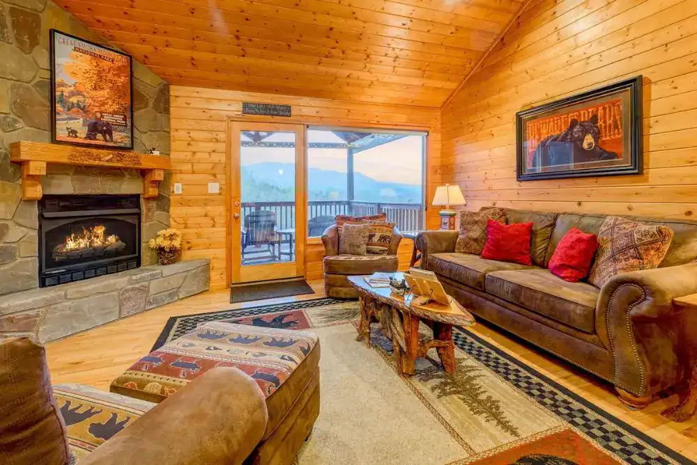 Cozy Smoky Mountain rental living room with fireplace and winter views