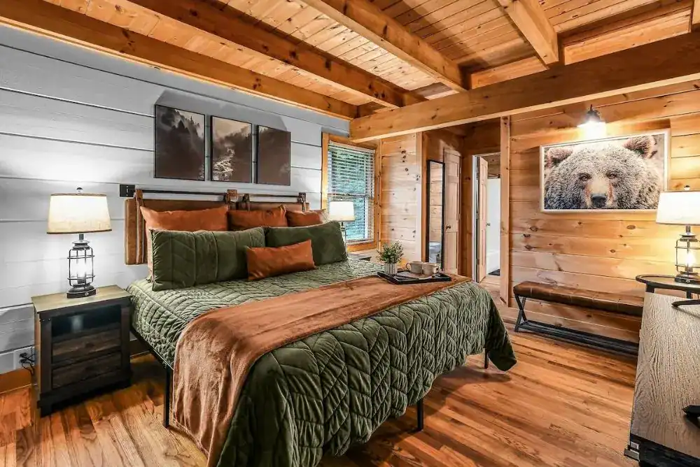Cozy bedroom inside a winter weekend rental. 