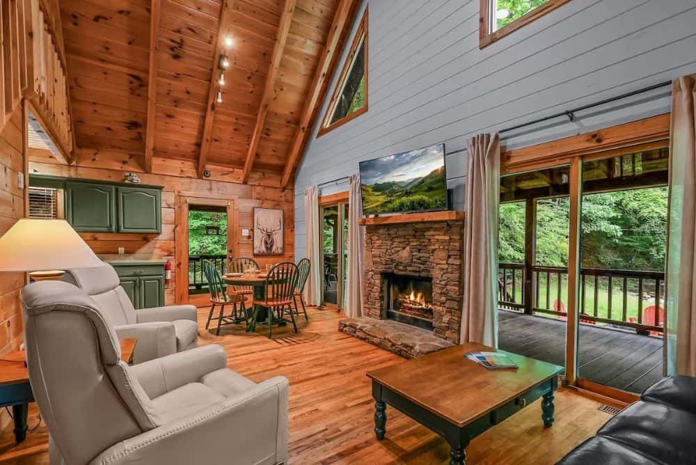Cozy living room with fireplace, perfect for a winter getaway trip