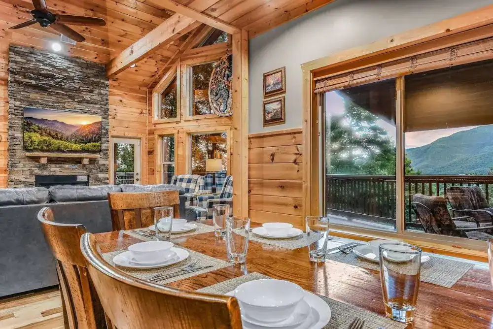 Cozy dining area inside a Smoky Mountain cabin, perfect for family meals