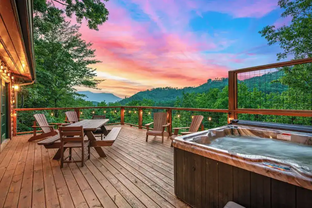 Outdoor hot tub at a winter cabin in the Smokies