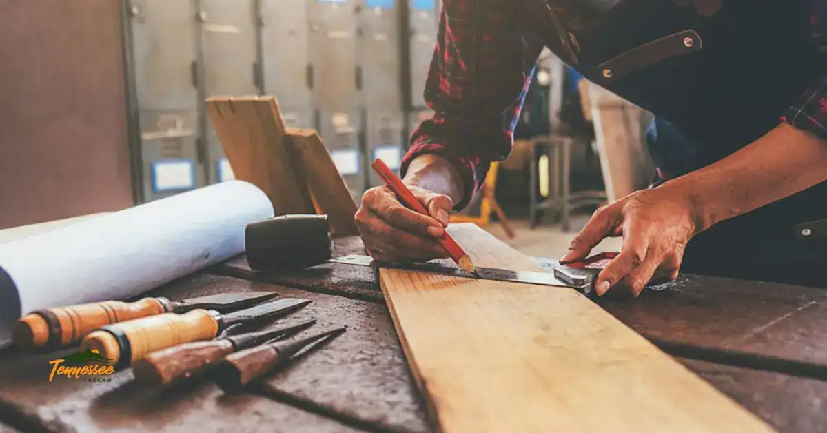 Person woodworking in a shop, representing local Tennessee woodworking creators and handmade craftsmanship.