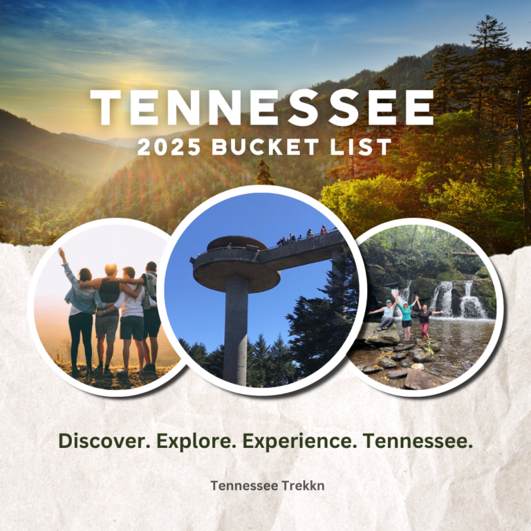 A collage featuring Smoky Mountain views, Clingmans Dome, friends hiking to Indian Falls, and mountain vistas, perfectly capturing the 2025 Tennessee bucket list adventures.