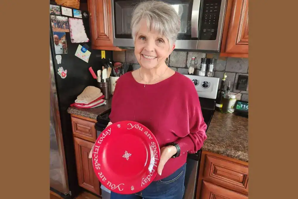 My mom holder her red " You Are Special" plate - one of our family traditions for serving up southern pie recipes. 