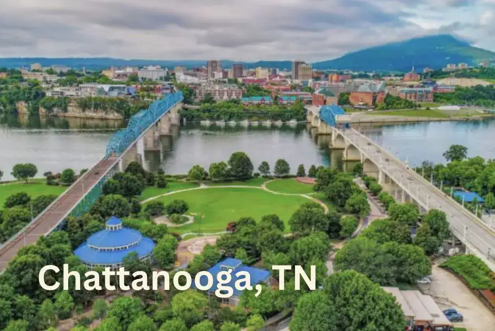 Downtown Chattanooga skyline with the Tennessee River and iconic bridges, perfect for a girls trip in Chattanooga

