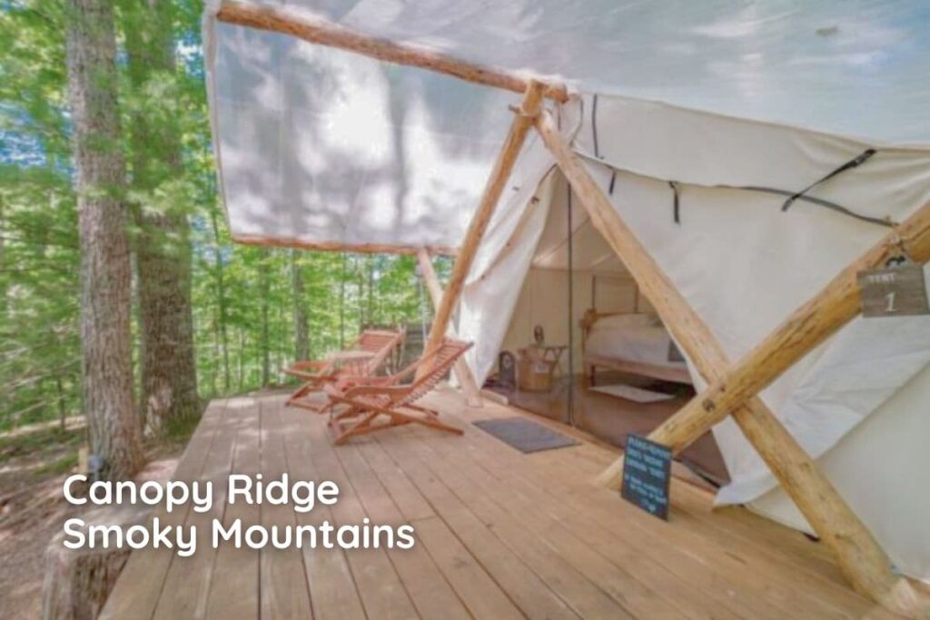 Tent at Canopy Ridge in the Smoky Mountains, offering cozy accommodations with stunning views, ideal for a peaceful glamping retreat and perfect for spring time in Tennessee.