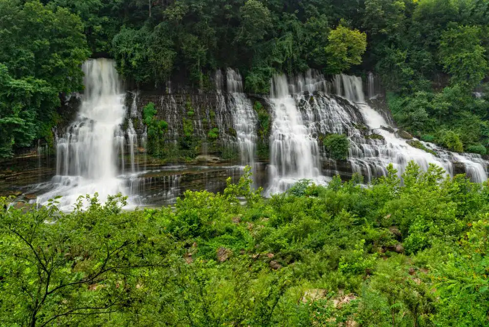 Twin Falls waterfall at Rock Island State Park in Middle Tennessee, a scenic stop for spring outdoor family adventures
