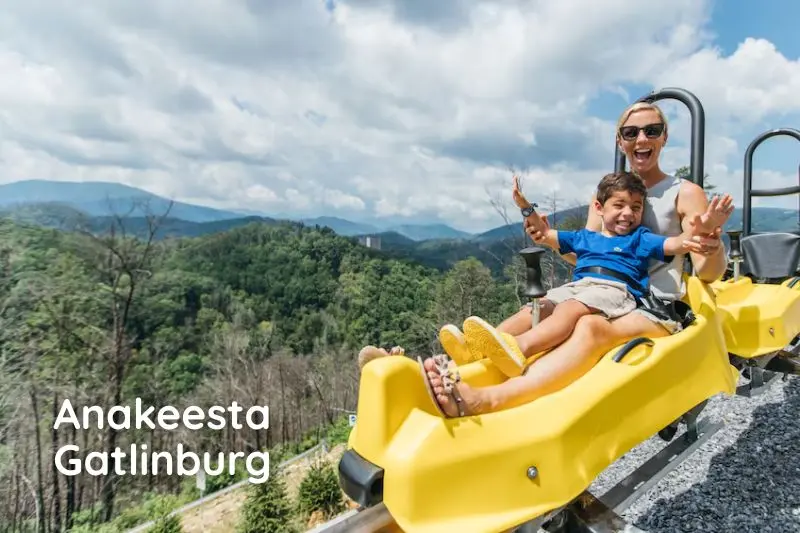 Mom and son riding the mountain coaster at Anakeesta—fun outdoor gifts for Mom and memory-making moments in the Smoky Mountains.