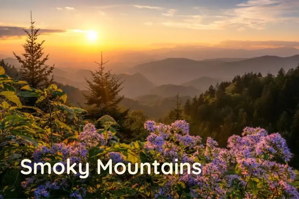 Colorful Smoky Mountain sunset with glowing skies and layered mountain ridges.