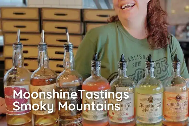 Woman laughing beside a row of moonshine bottles during a summer family vacation in Pigeon Forge








