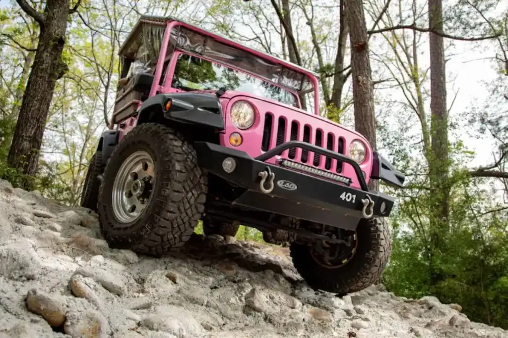 Pink Jeep from the Newfound Gap Tour in Pigeon Forge, featured in a blog post about Pink Jeep Tours.

